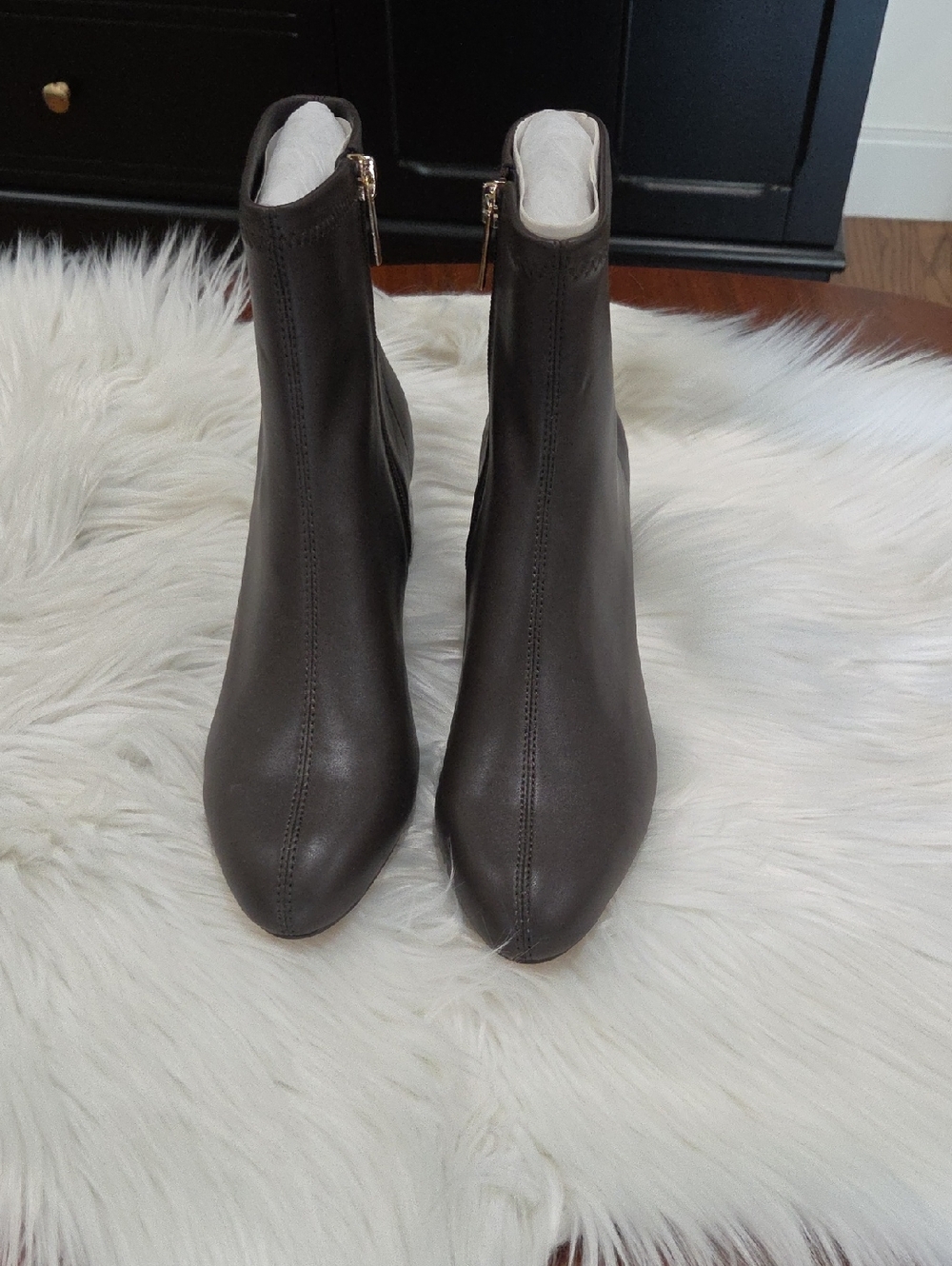 Chico's Chocolate Mona Leather-Look Ankle Booties with Side Zip